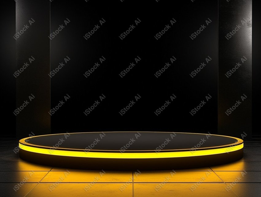 Neon yellow light round podium and black background for mock up,