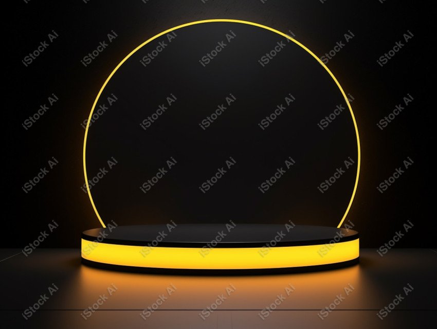 Neon yellow light round podium and black background for mock up,