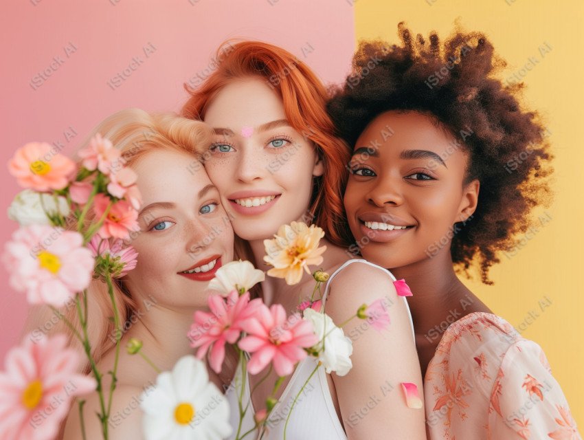 Beautiful women with flowers taking selfie, pink background (1)