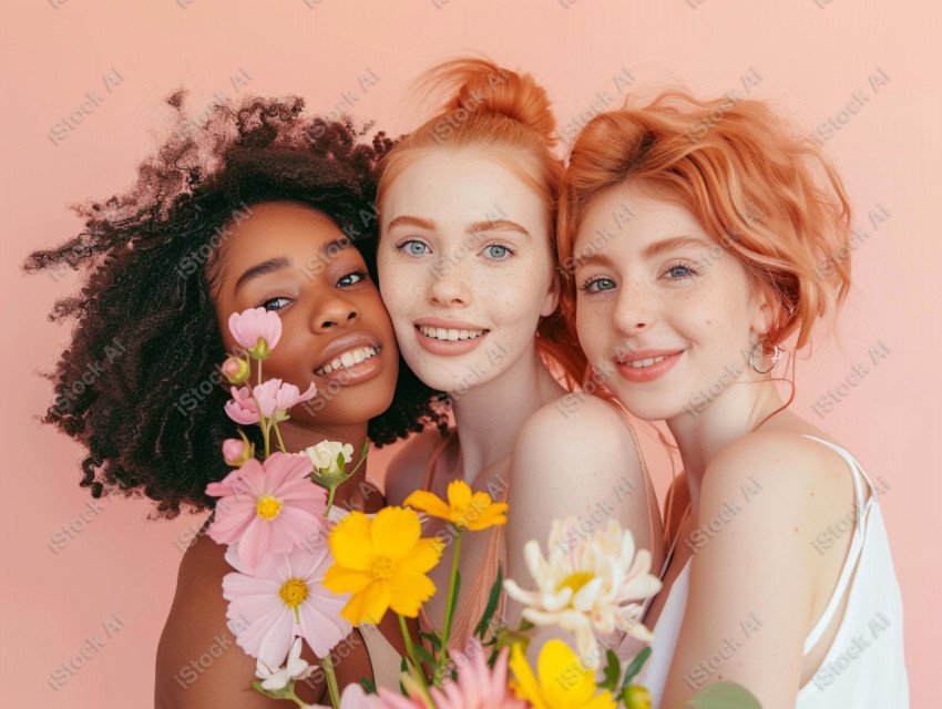 Beautiful women with flowers taking selfie, pink background (14)