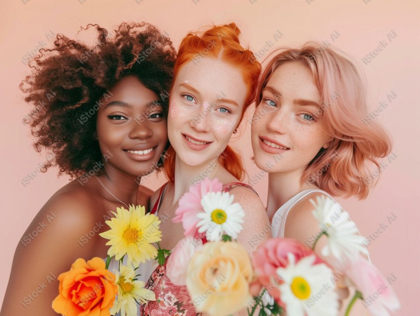 Beautiful women with flowers taking selfie, pink background (3)