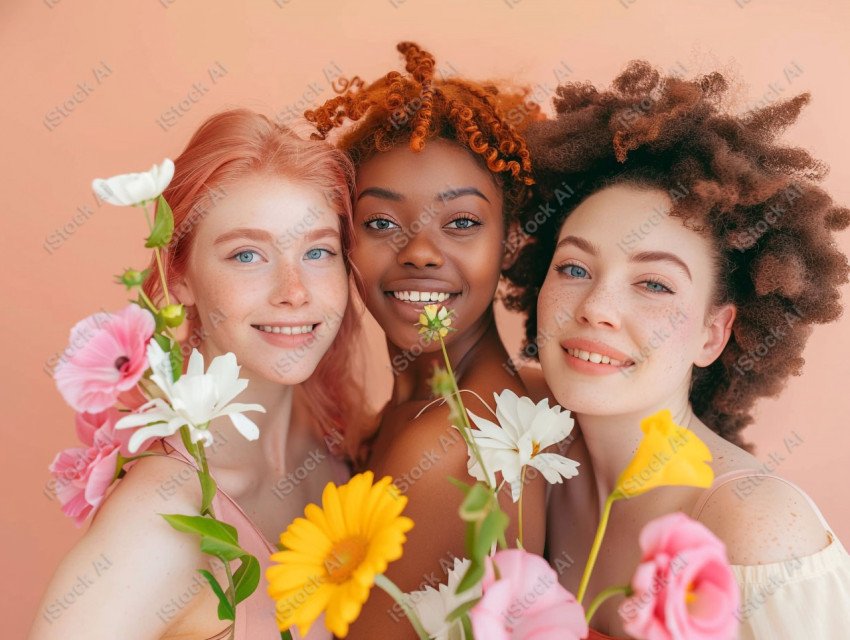 Beautiful women with flowers taking selfie, pink background (15)