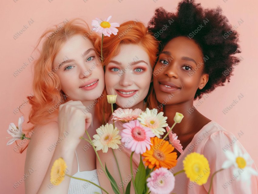 Beautiful women with flowers taking selfie, pink background (4)