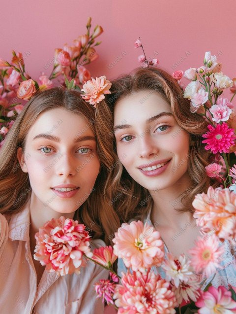 Beautiful women with flowers taking selfie, pink background (19)