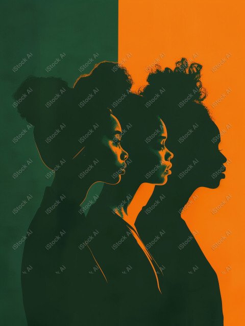 A orange and dark green duotone image of 3 women for women's history graphic celebrating women's history (37)