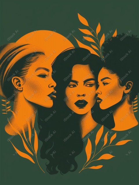 A orange and dark green duotone image of 3 women for women's history graphic celebrating women's history (24)