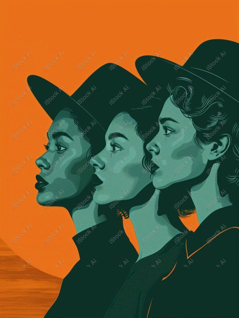 A orange and dark green duotone image of 3 women for women's history graphic celebrating women's history (30)