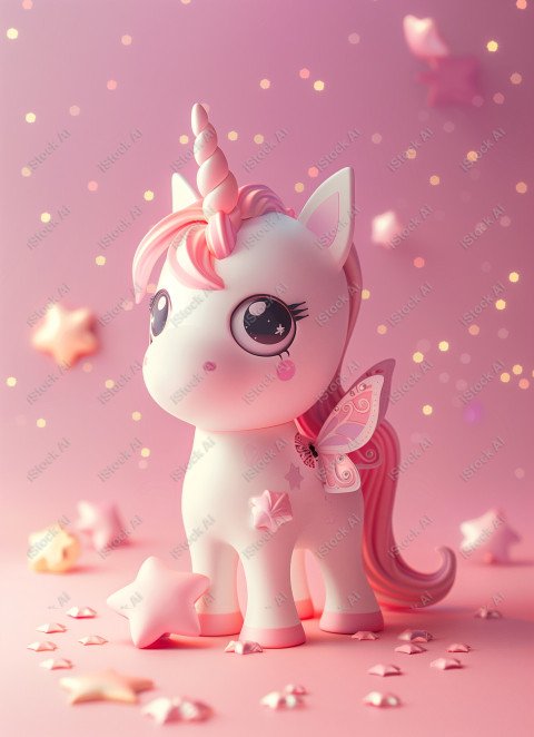 Cute unicorn, pink background, with butterfly and stars