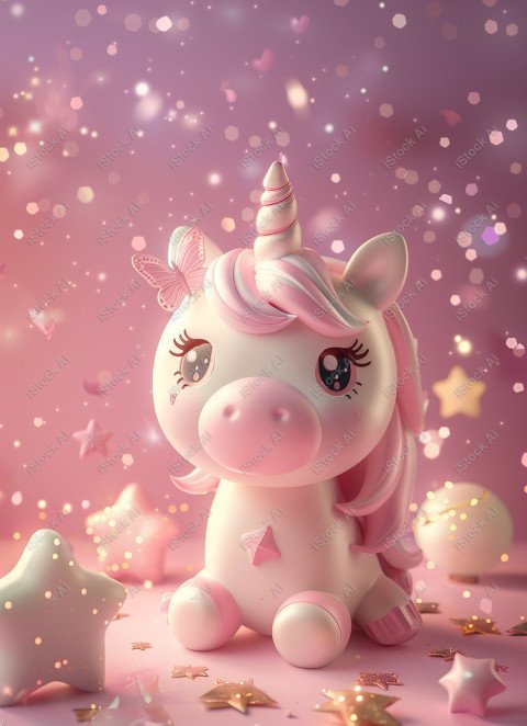 Cute unicorn, pink background, with butterfly and stars