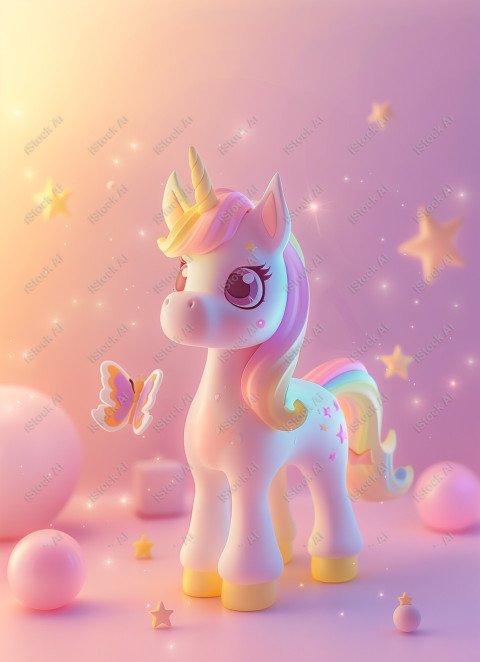 Cute unicorn, pink background, with butterfly and stars