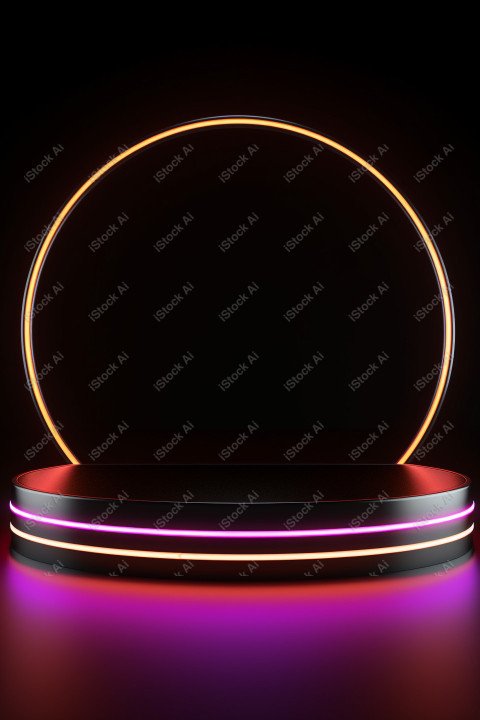 Neon Light round podium and black background for mock up, Black