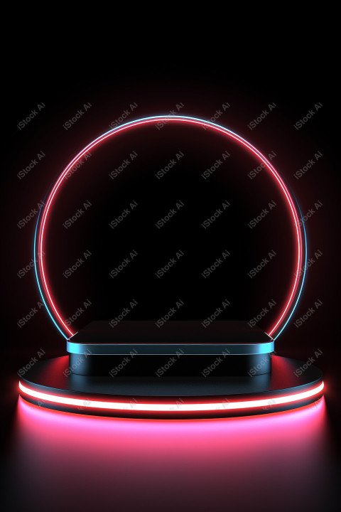 Neon Light round podium and black background for mock up, Black