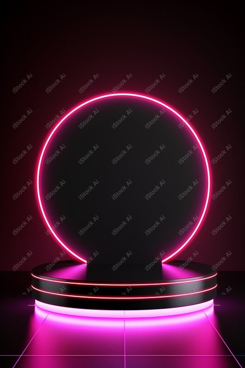 Neon Light round podium and black background for mock up, Black