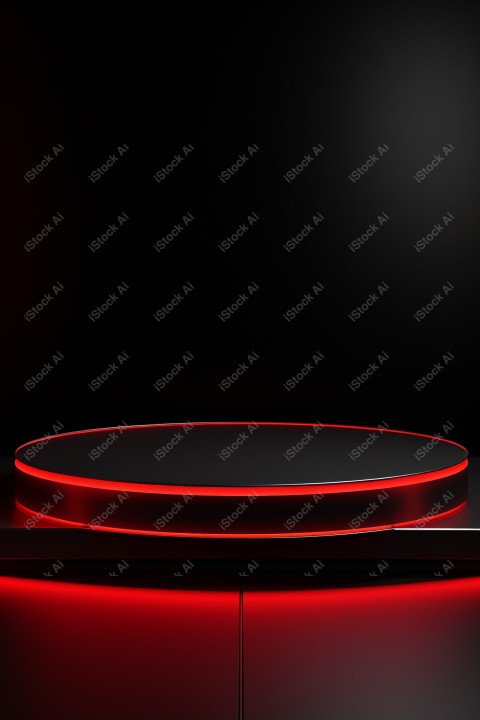 Neon Red light round podium and black background for mock up, Bl