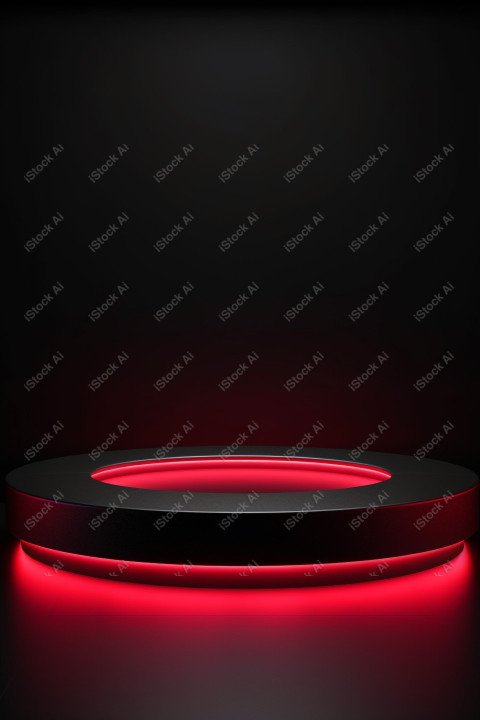 Neon Red light round podium and black background for mock up, Bl