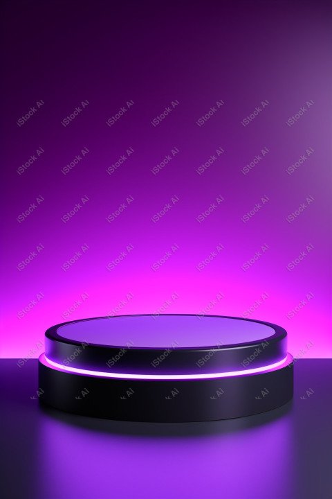 Neon Violet light round podium and black background for mock up,