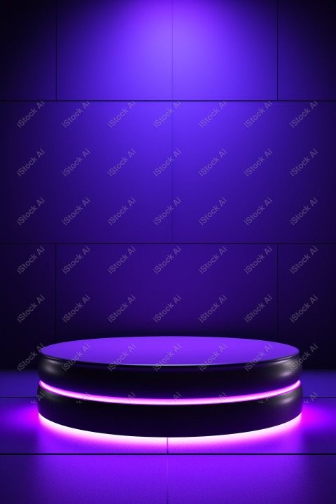 Neon Violet light round podium and black background for mock up,