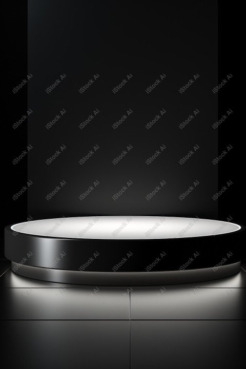 Neon white light round podium and black background for mock up,