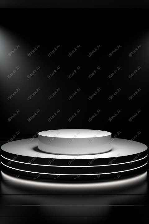 Neon white light round podium and black background for mock up,