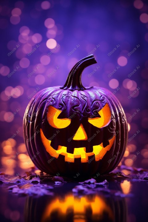 A pumpkin with Halloween lights against a purple background, exu