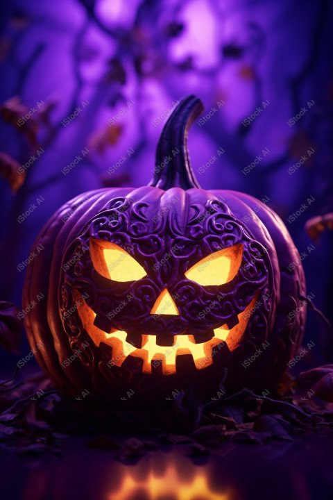 A pumpkin with Halloween lights against a purple background, exu