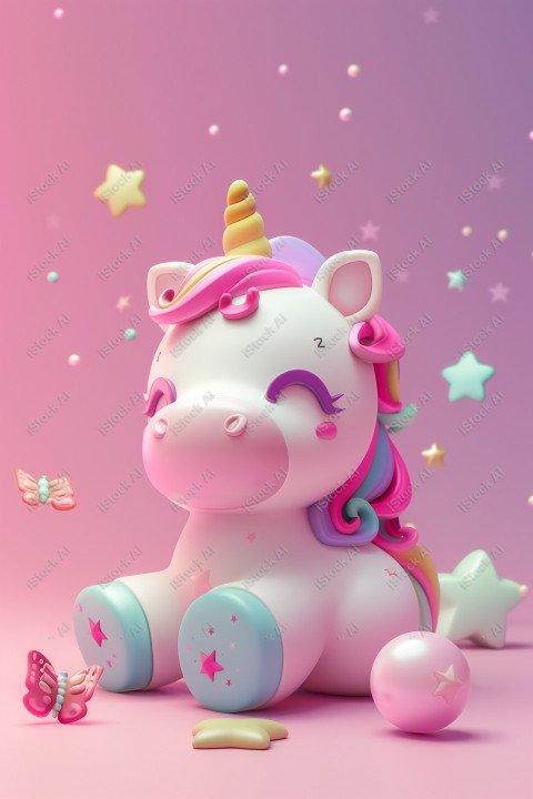 Cute unicorn, pink background, with butterfly and stars