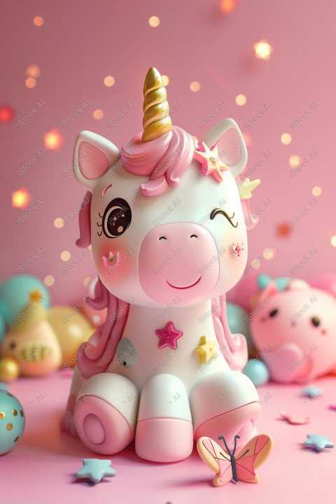 Cute unicorn, pink background, with butterfly and stars