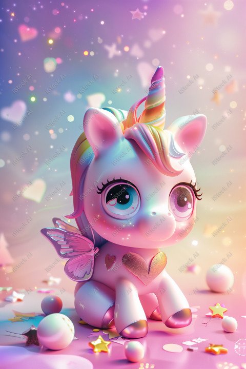 Cute unicorn, pink background, with butterfly and stars