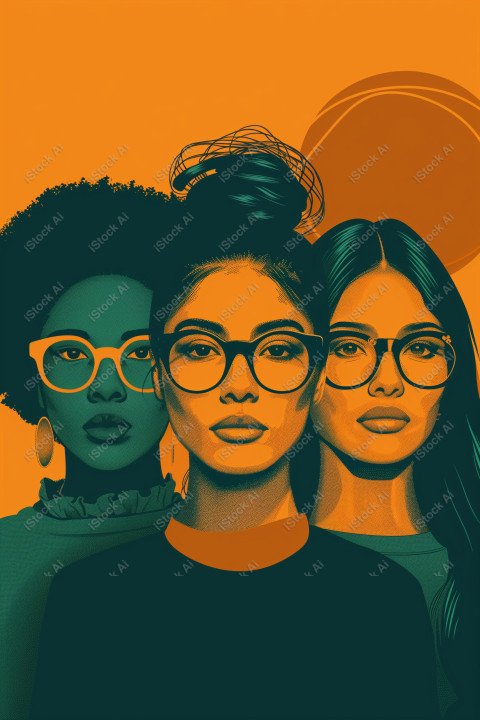 A orange and dark green duotone image of 3 women for women's history graphic celebrating women's history (26)