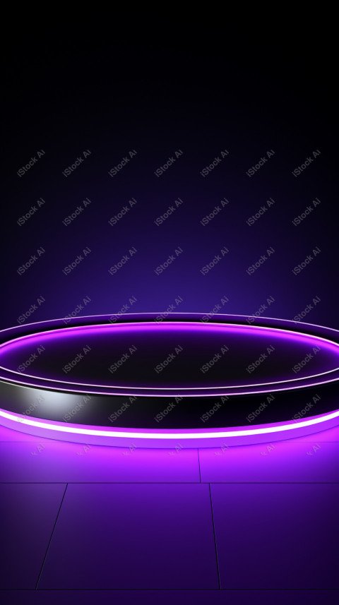 Neon Violet light round podium and black background for mock up,