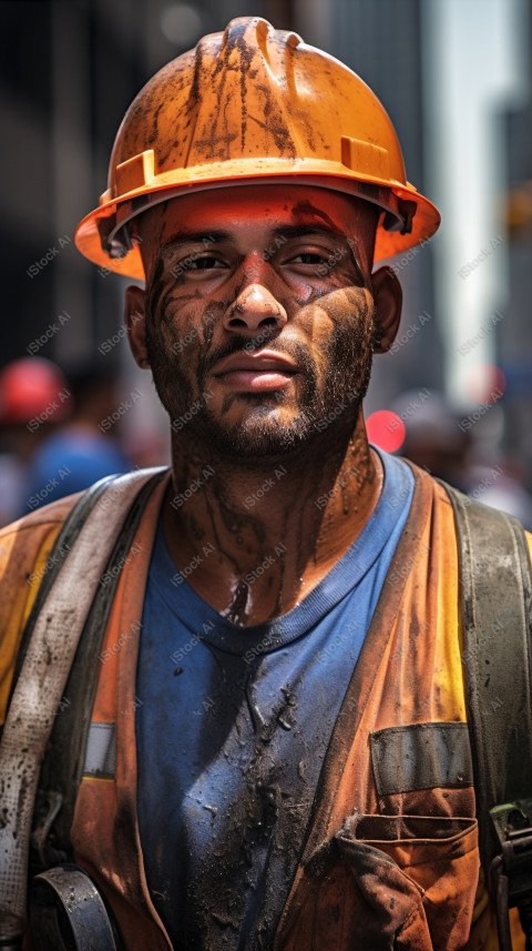 Vibrant photography that captures the essence of Labor Day, Close up of a hard wearing construction worker drenched in sweat (26)