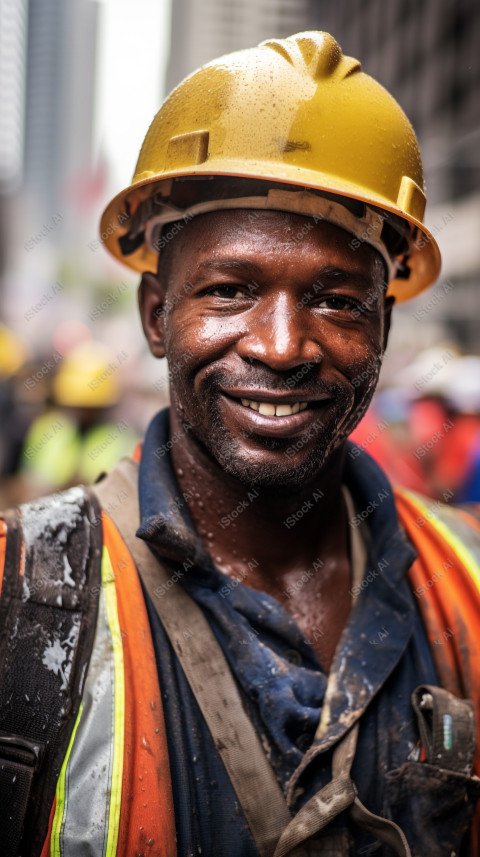 Vibrant photography that captures the essence of Labor Day, Close up of a hard wearing construction worker drenched in sweat (11)