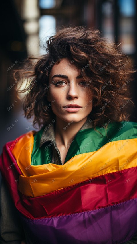 A woman holding an LGBT flag up close