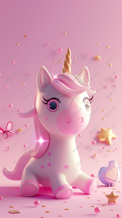 Cute unicorn, pink background, with butterfly and stars