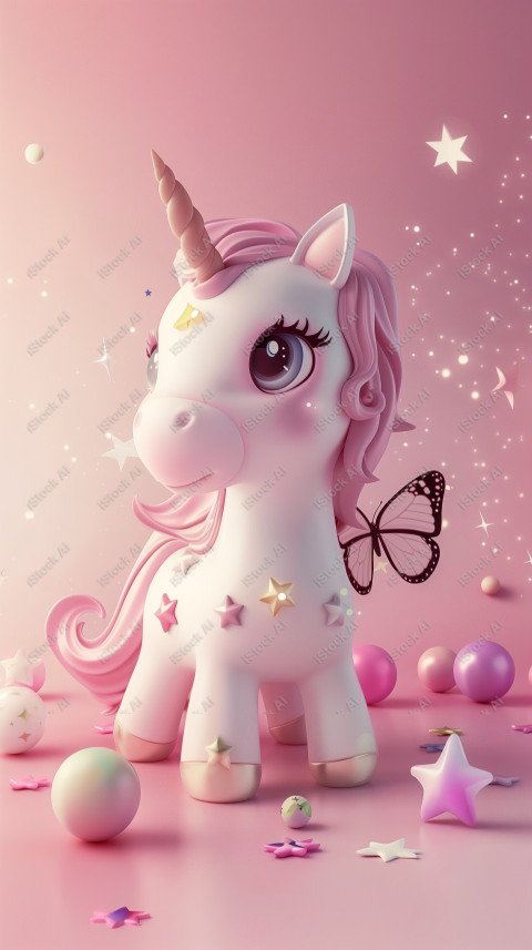 Cute unicorn, pink background, with butterfly and stars