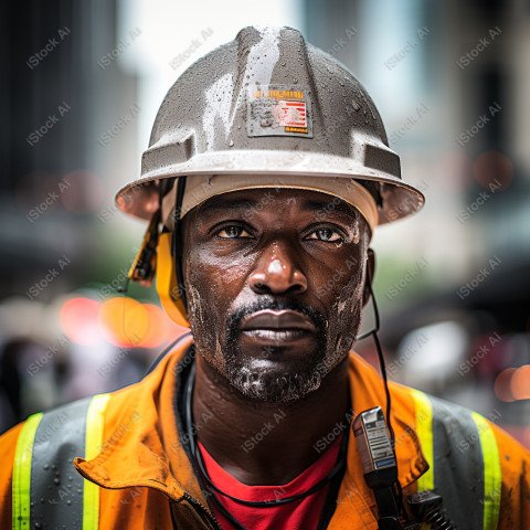 Vibrant photography that captures the essence of Labor Day, Close up of a hard wearing construction worker drenched in sweat (5)