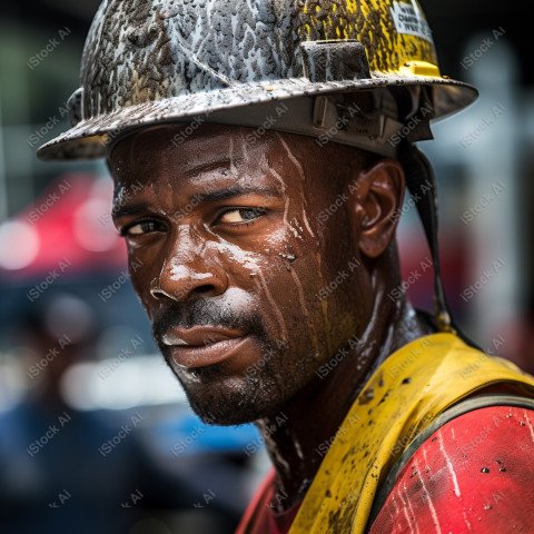 Vibrant photography that captures the essence of Labor Day, Close up of a hard wearing construction worker drenched in sweat (2)