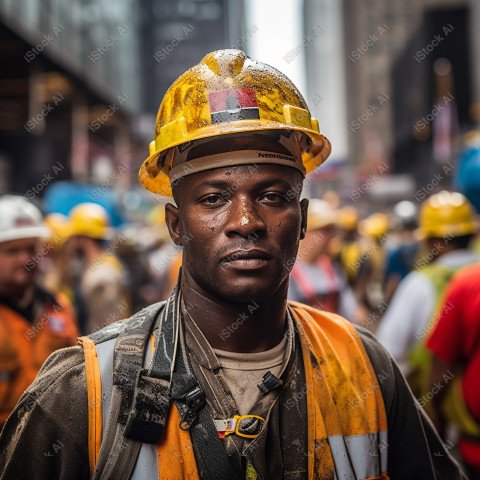 Vibrant photography that captures the essence of Labor Day, Close up of a hard wearing construction worker drenched in sweat (6)