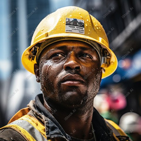 Vibrant photography that captures the essence of Labor Day, Close up of a hard wearing construction worker drenched in sweat (13)