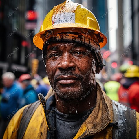 Vibrant photography that captures the essence of Labor Day, Close up of a hard wearing construction worker drenched in sweat (7)