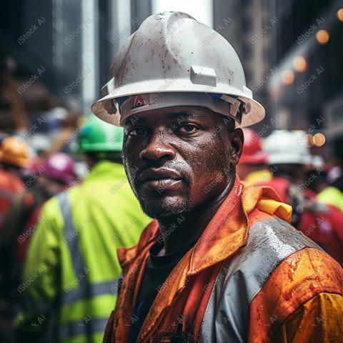 Vibrant photography that captures the essence of Labor Day, Close up of a hard wearing construction worker drenched in sweat (15)