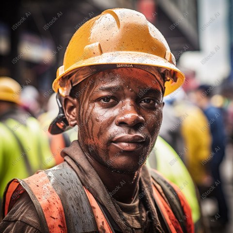 Vibrant photography that captures the essence of Labor Day, Close up of a hard wearing construction worker drenched in sweat (12)