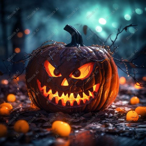 A carved pumpkin surrounded by strange Halloween lights, casting