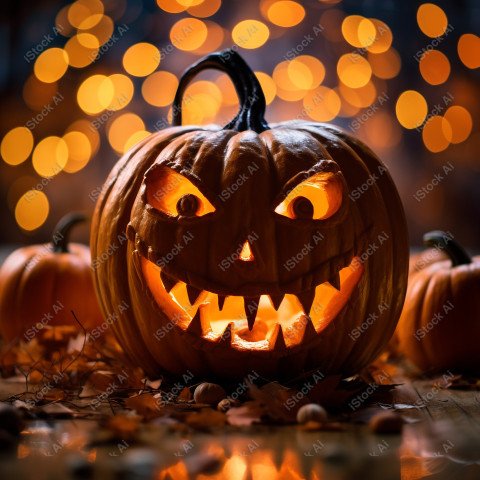 A carved pumpkin surrounded by strange Halloween lights, casting