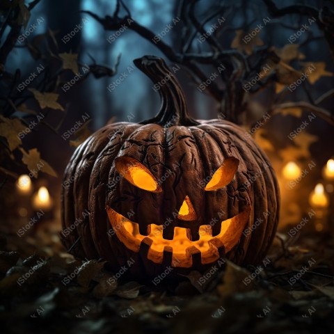 A carved pumpkin surrounded by strange Halloween lights, casting