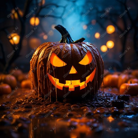 A carved pumpkin surrounded by strange Halloween lights, casting