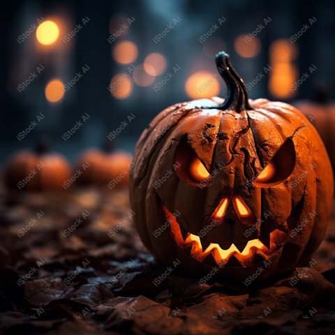 A carved pumpkin surrounded by strange Halloween lights, casting