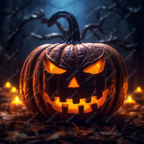 A carved pumpkin surrounded by strange Halloween lights, casting