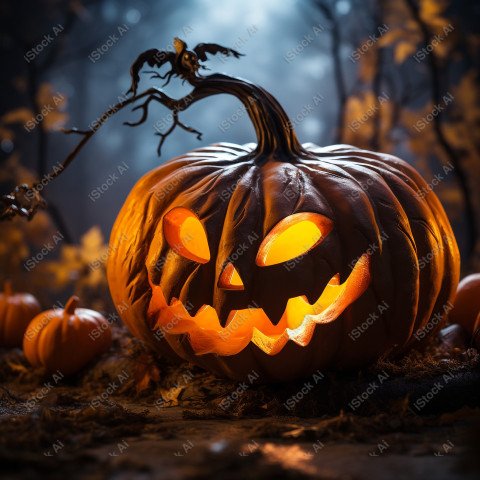 A carved pumpkin surrounded by strange Halloween lights, casting