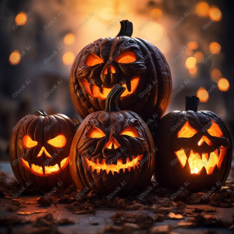 A carved pumpkin surrounded by strange Halloween lights, casting